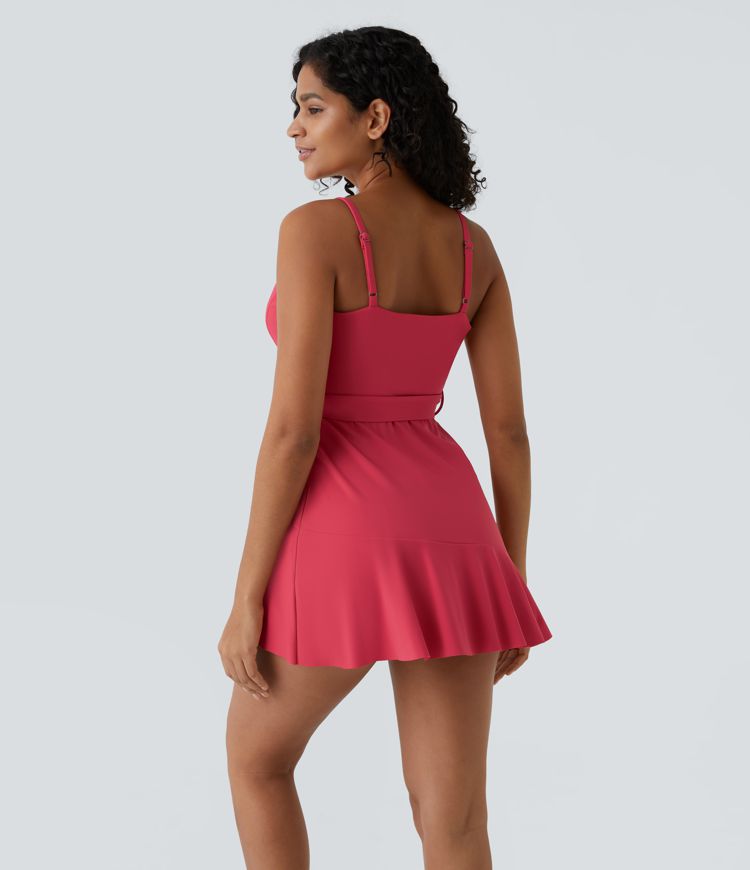 V Neck Tie Side Ruffle 2-Piece Pocket Flowy Mini Casual Dress A-C Cups