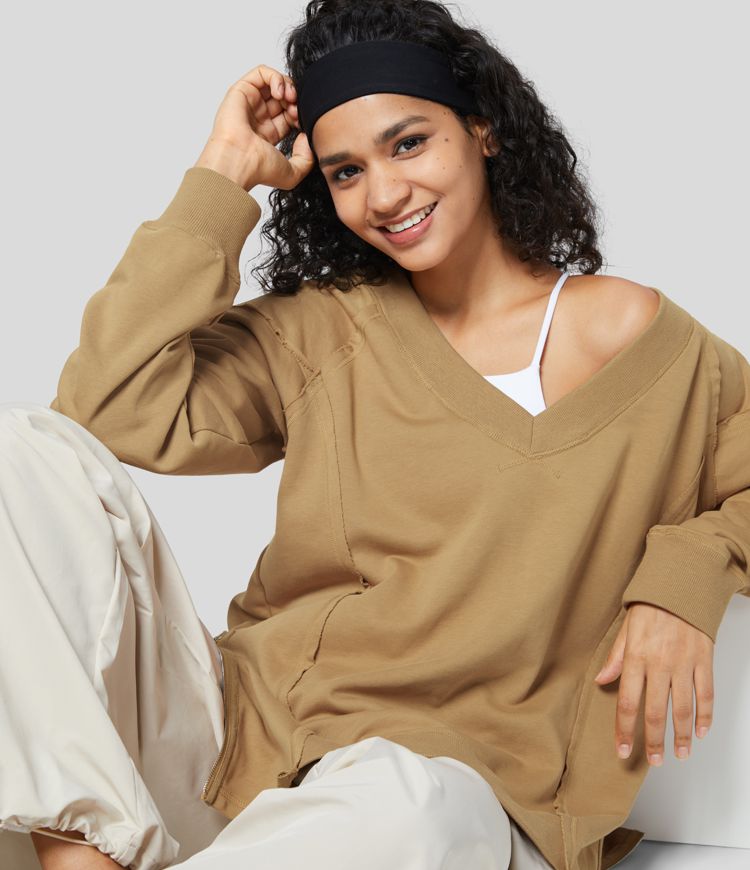 V Neck Long Sleeve Adjustable Zipper Hem Casual Cotton Sports Sweatshirt