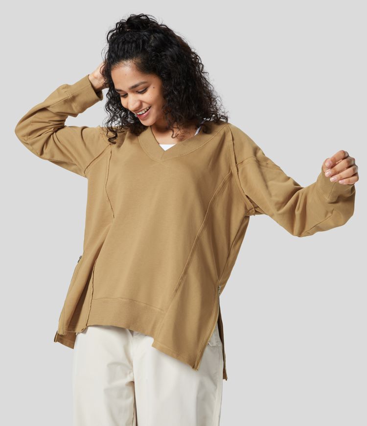 V Neck Long Sleeve Adjustable Zipper Hem Casual Cotton Sports Sweatshirt