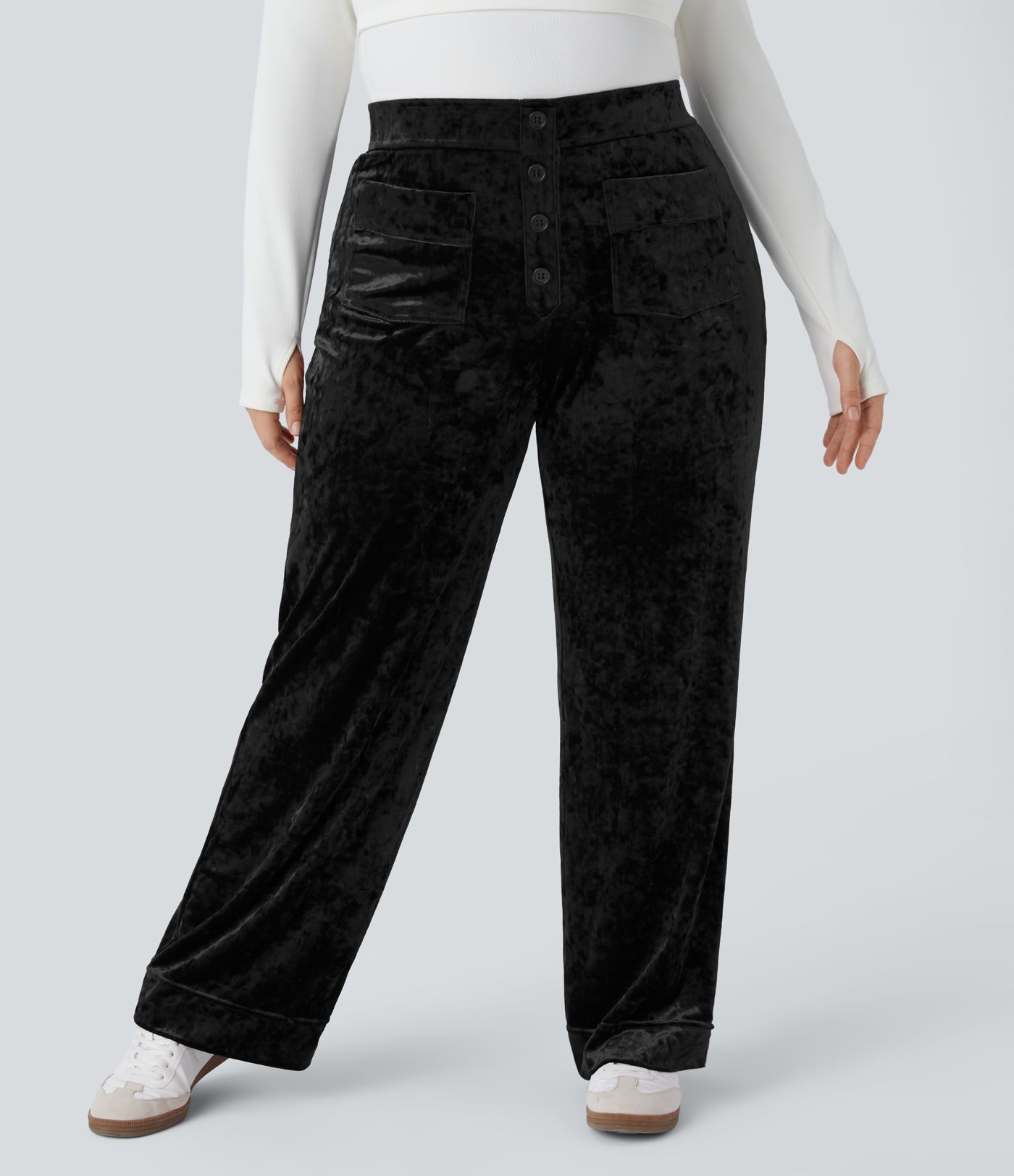 Pantalones casuales de terciopelo con cintura alta, bolsillos y pierna recta, tallas grandes