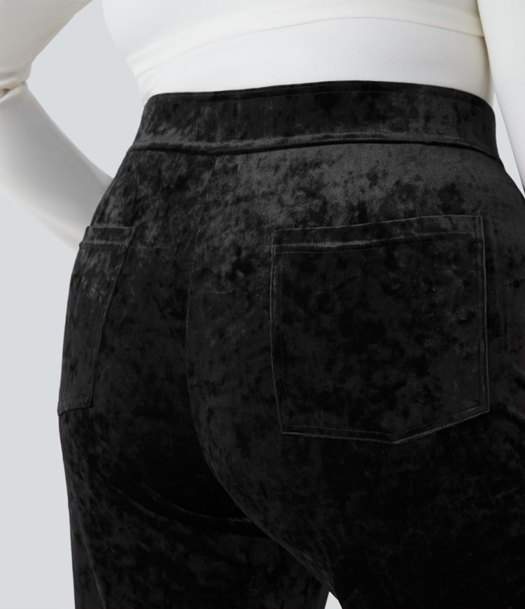 Pantalones casuales de terciopelo con cintura alta, bolsillos y pierna recta, tallas grandes