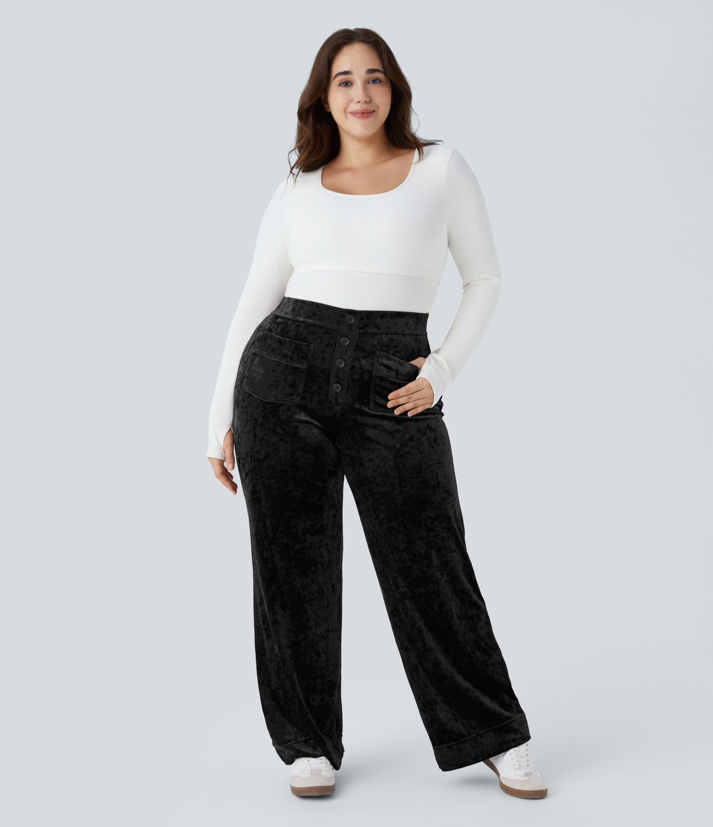 Pantalones casuales de terciopelo con cintura alta, bolsillos y pierna recta, tallas grandes