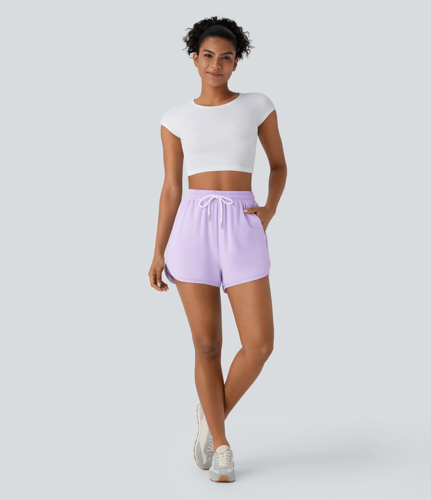 High Waisted Drawstring Side Pocket Curved Hem Casual Shorts