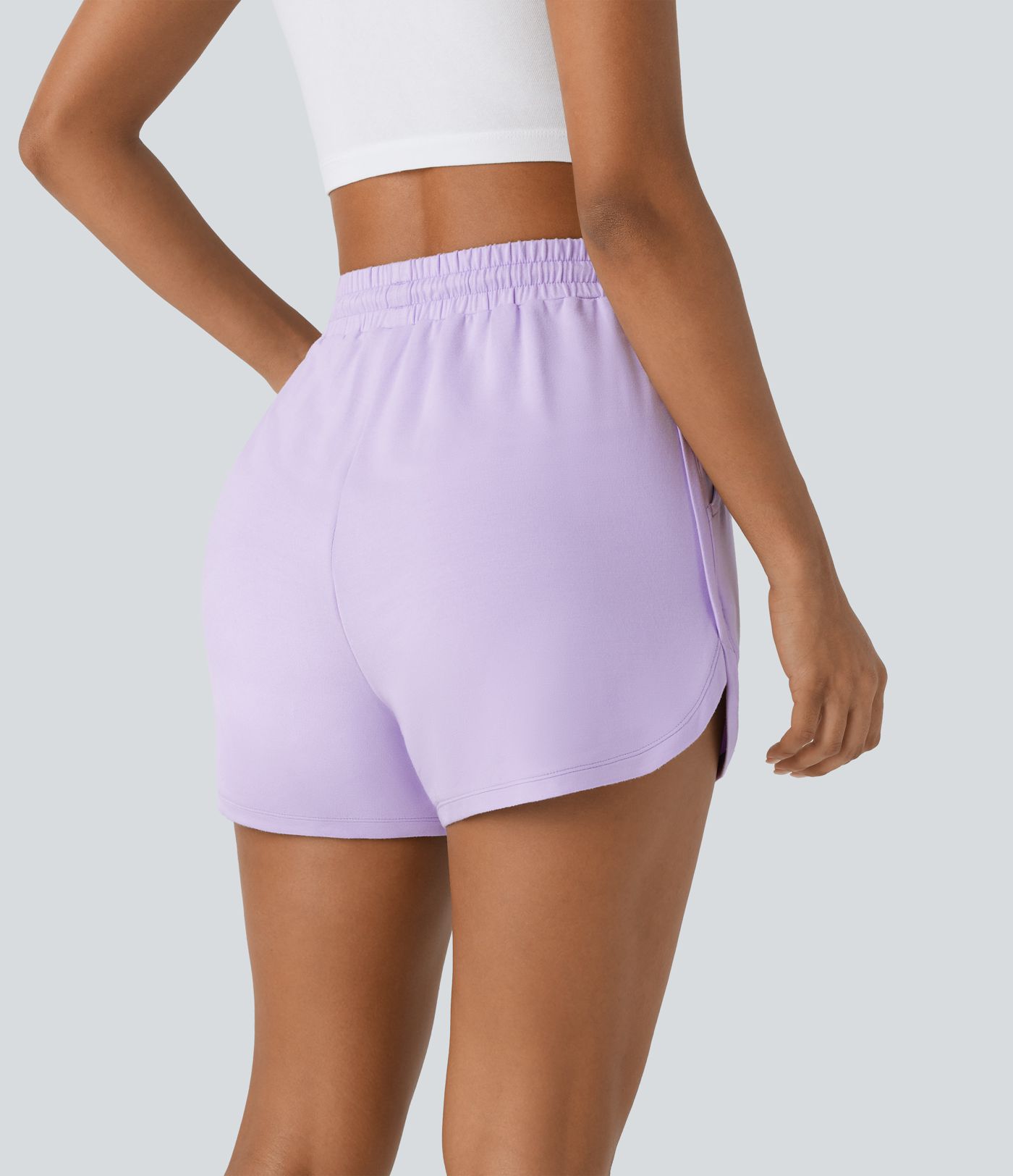 High Waisted Drawstring Side Pocket Curved Hem Casual Shorts