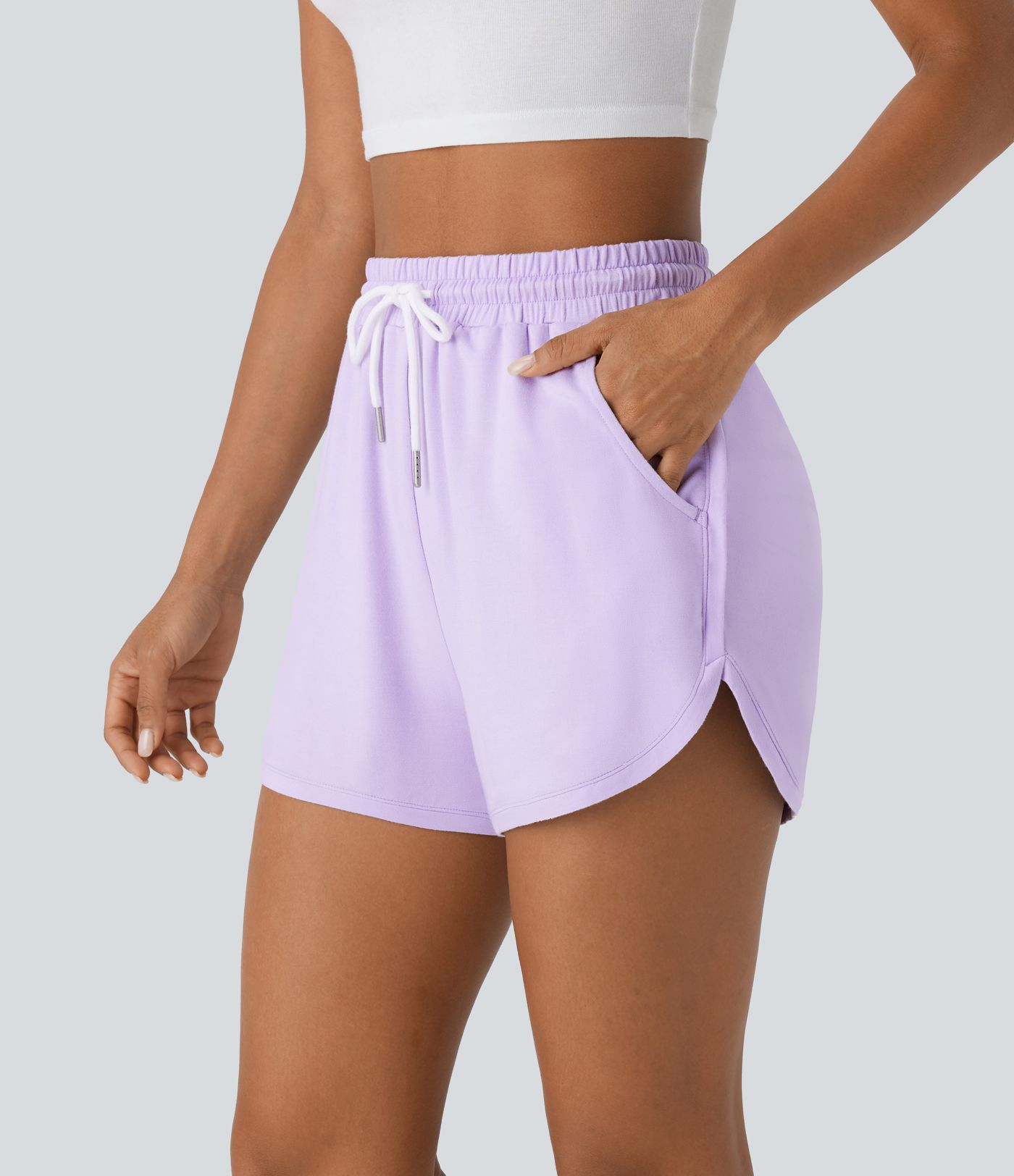 High Waisted Drawstring Side Pocket Curved Hem Casual Shorts