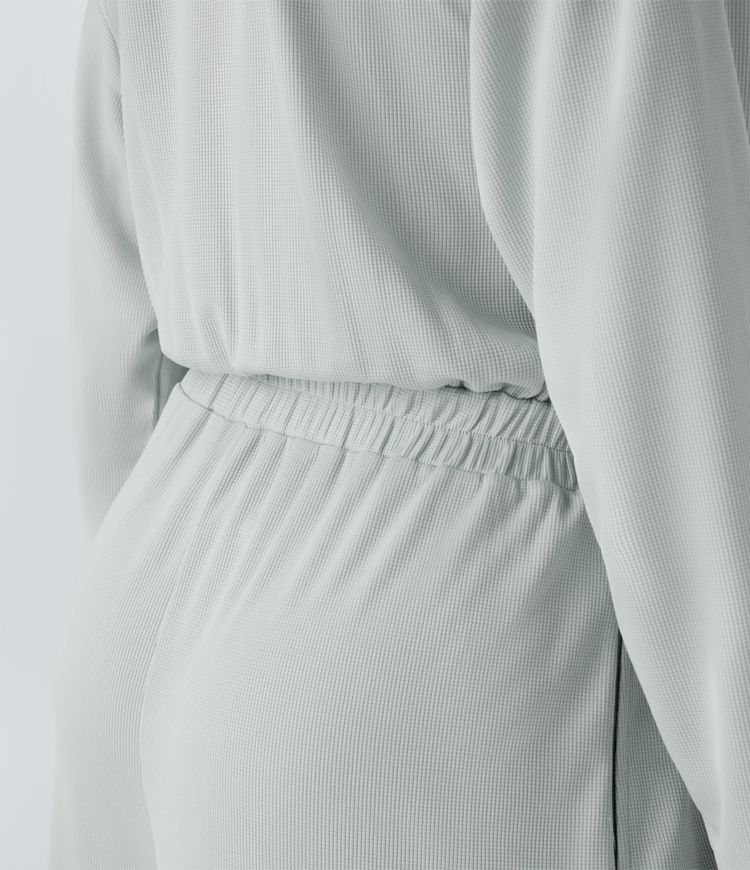 V-neck long sleeve side pocket wide leg relaxed waffle casual jumpsuit