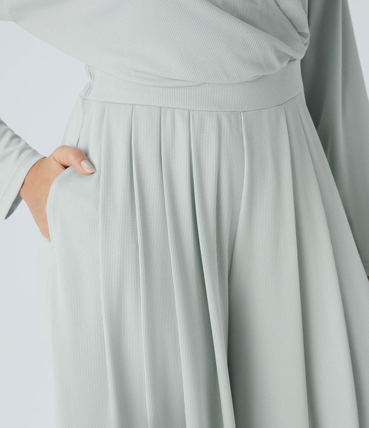 V-neck long sleeve side pocket wide leg relaxed waffle casual jumpsuit