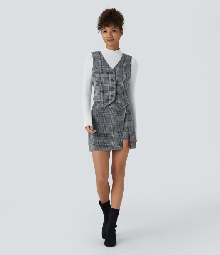 Minifalda cuadro escoceses tiro alto abertura bolsillo lateral 2 en 1