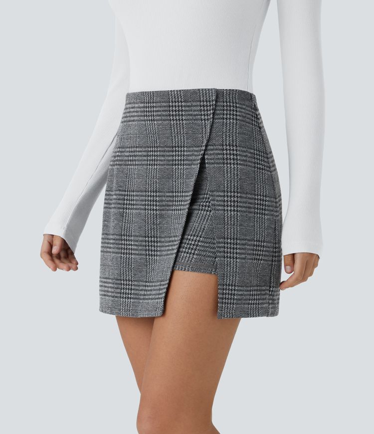 Minifalda cuadro escoceses tiro alto abertura bolsillo lateral 2 en 1