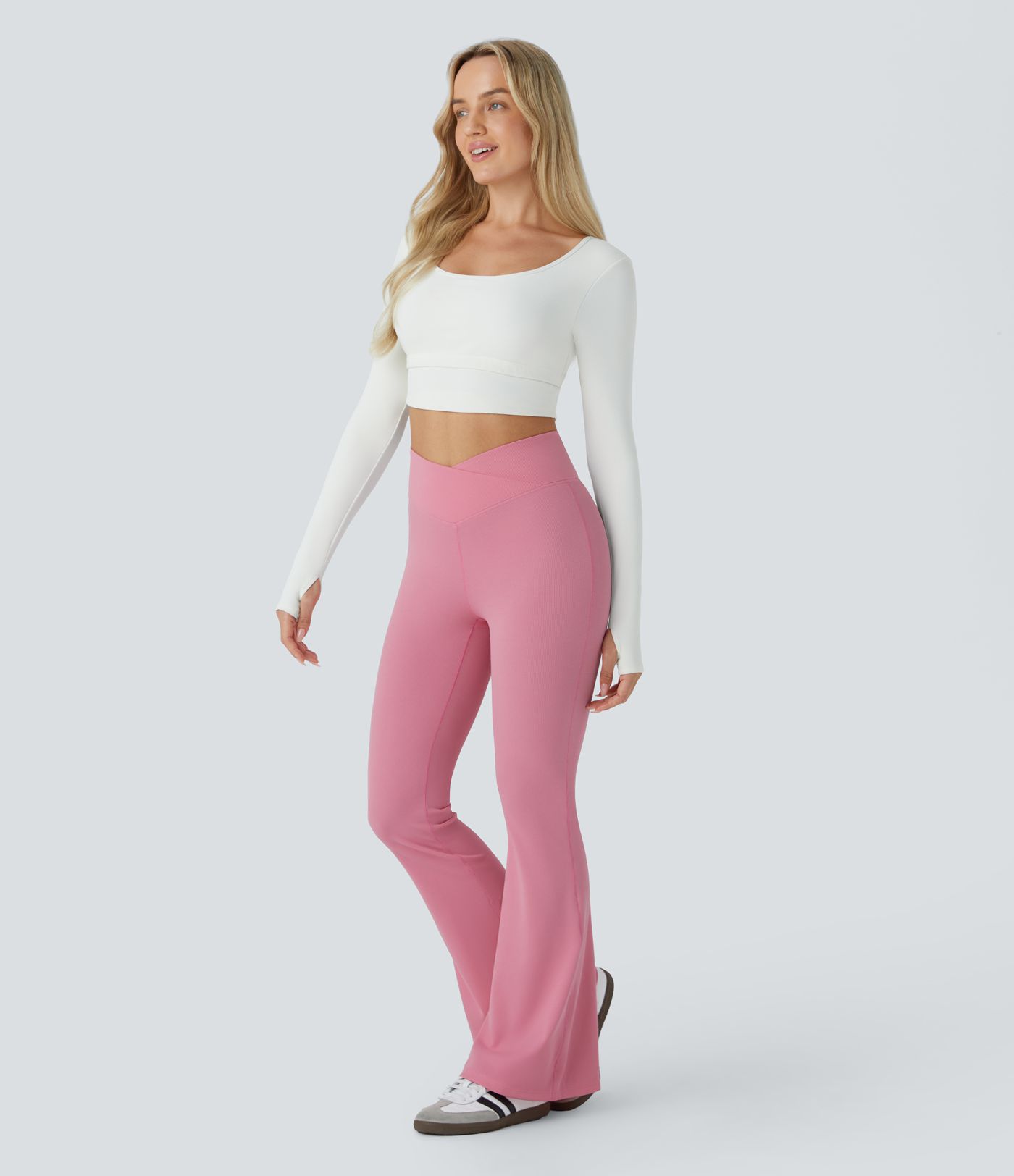 Flare high-rise pants with crossback rear pocket