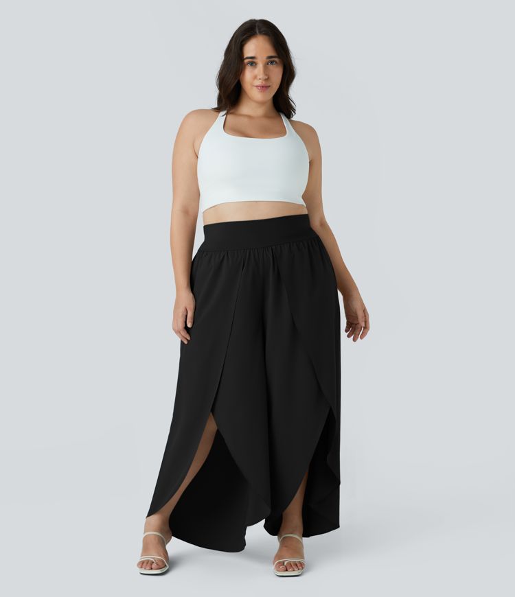 Breezeful™ Pantalón talla plus palazzo fluido bolsillo trasero tiro alto secado rápido