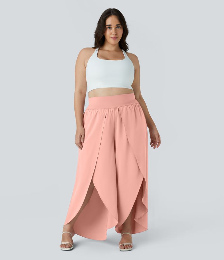 Breezeful™ High Waisted Back Waistband Pocket Palazzo Flowy Wide Leg Quick Dry Casual Plus Size Pants