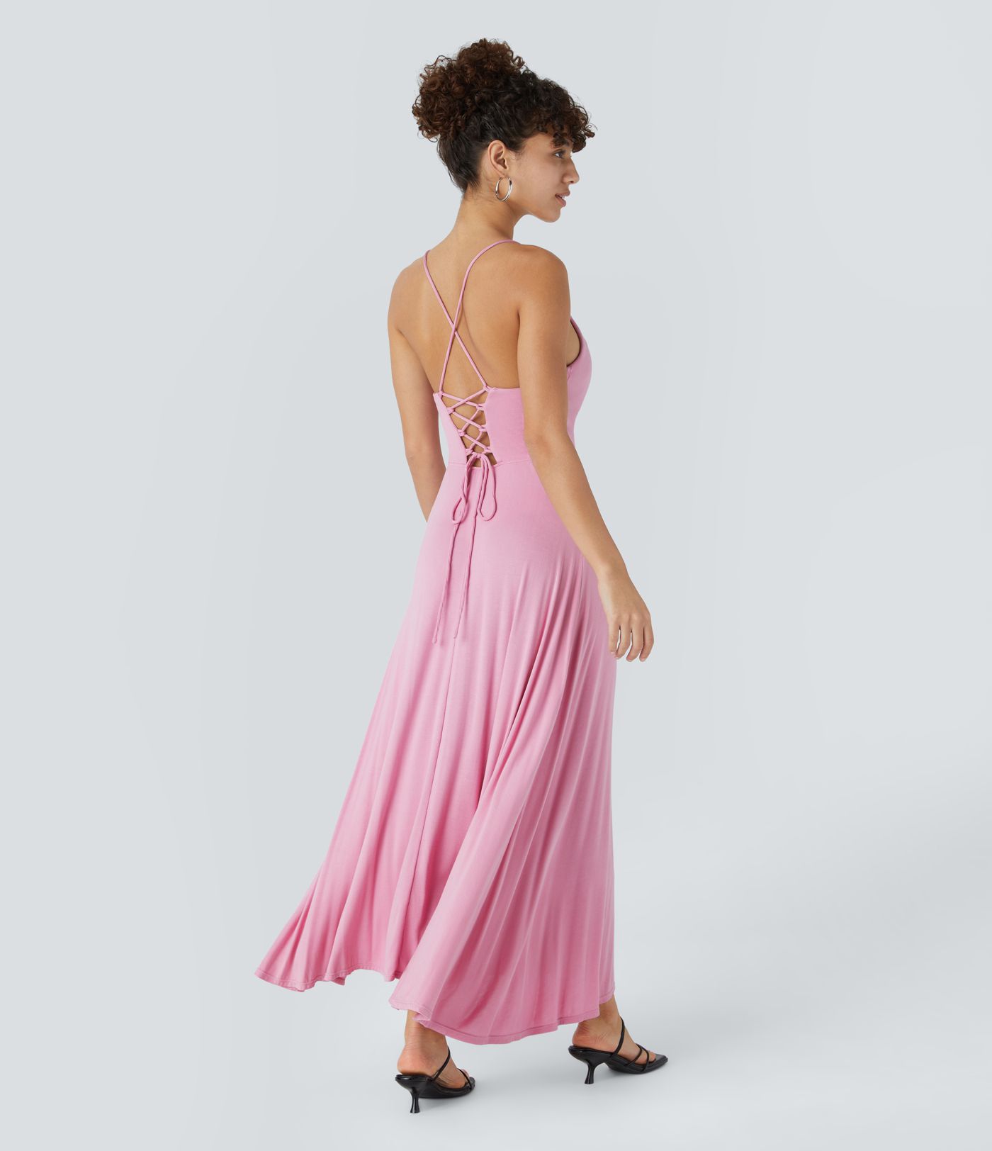 Ribbed Cowl Neck Backless Crisscross Lace Up Split Midi Party Dress