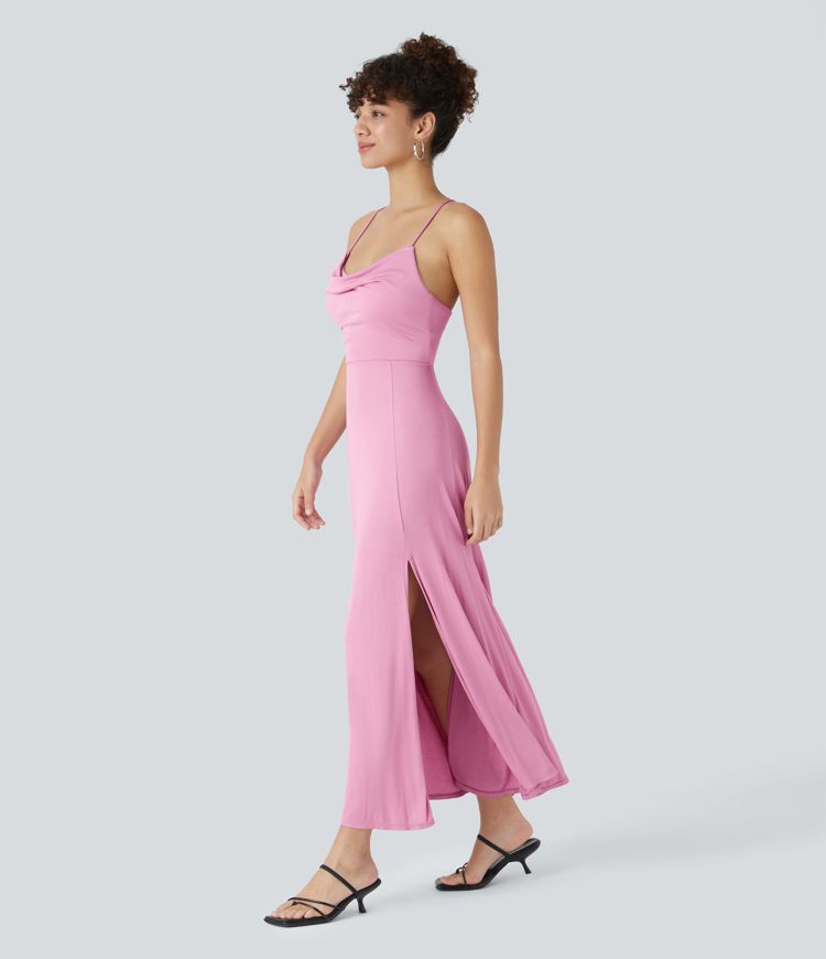 Ribbed Cowl Neck Backless Crisscross Lace Up Split Midi Party Dress