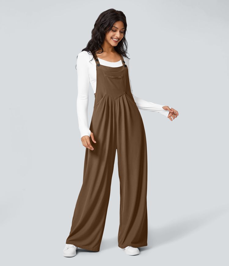 Adjustable Strap Button Multiple Pockets Plicated Waffle Casual Overalls
