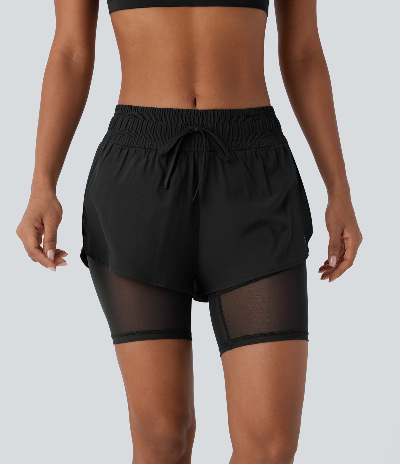 Breezeful™ Mid Rise Drawstring Contrast Mesh 2-in-1 Pocket Quick Dry Running Shorts