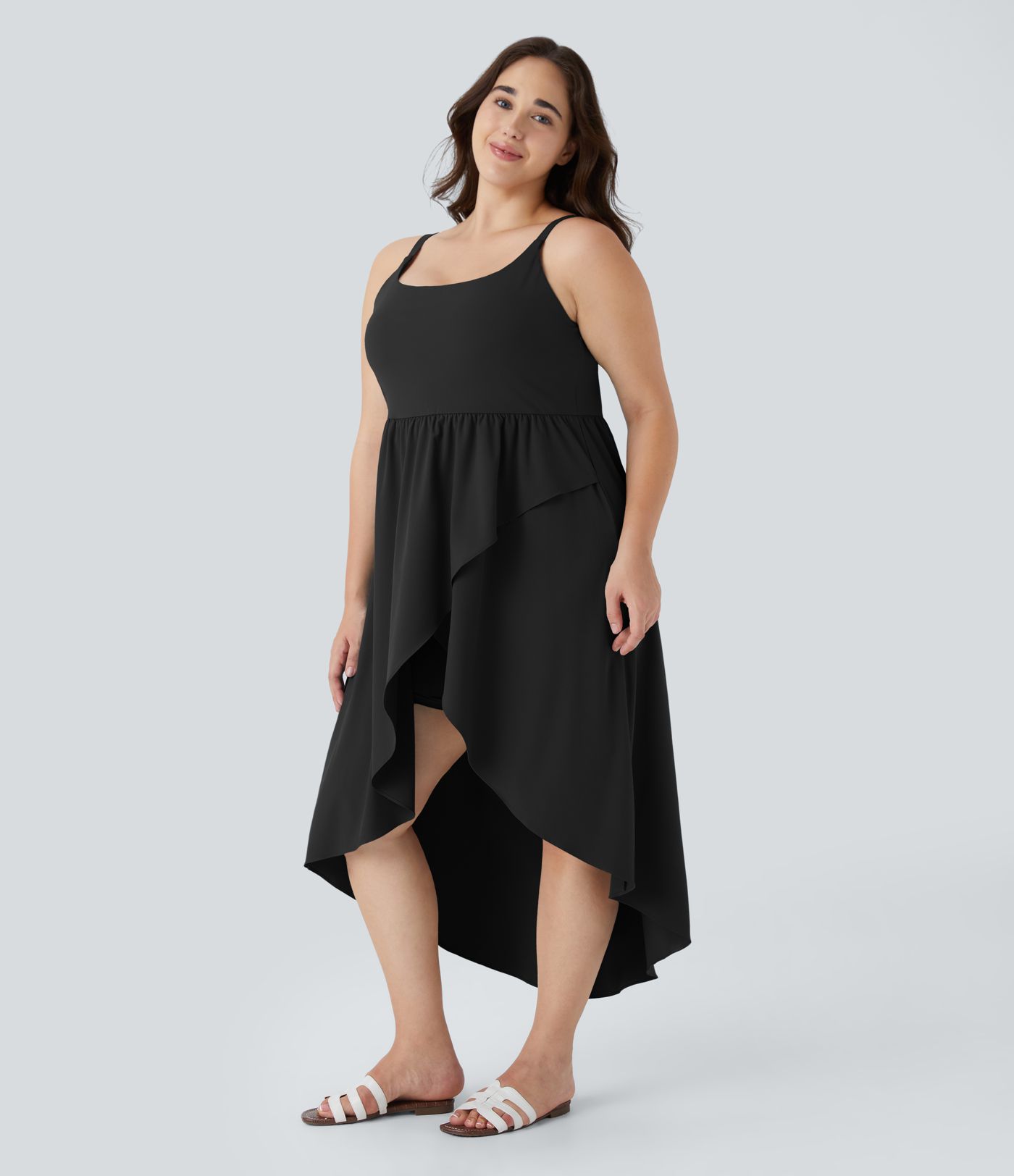 Breezeful™ Backless Asymmetric Crossover Hem 2-Piece Side Pocket Flowy Midi Quick Dry Casual Plus Size Dress