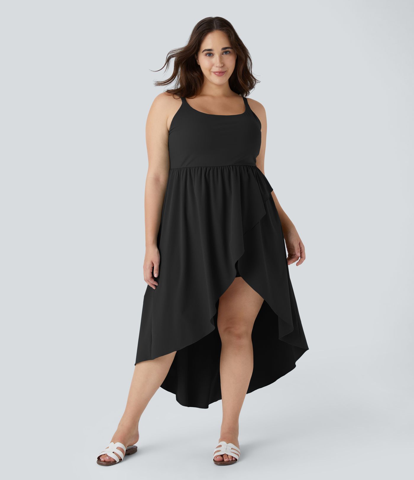 Breezeful™ Backless Asymmetric Crossover Hem 2-Piece Side Pocket Flowy Midi Quick Dry Casual Plus Size Dress