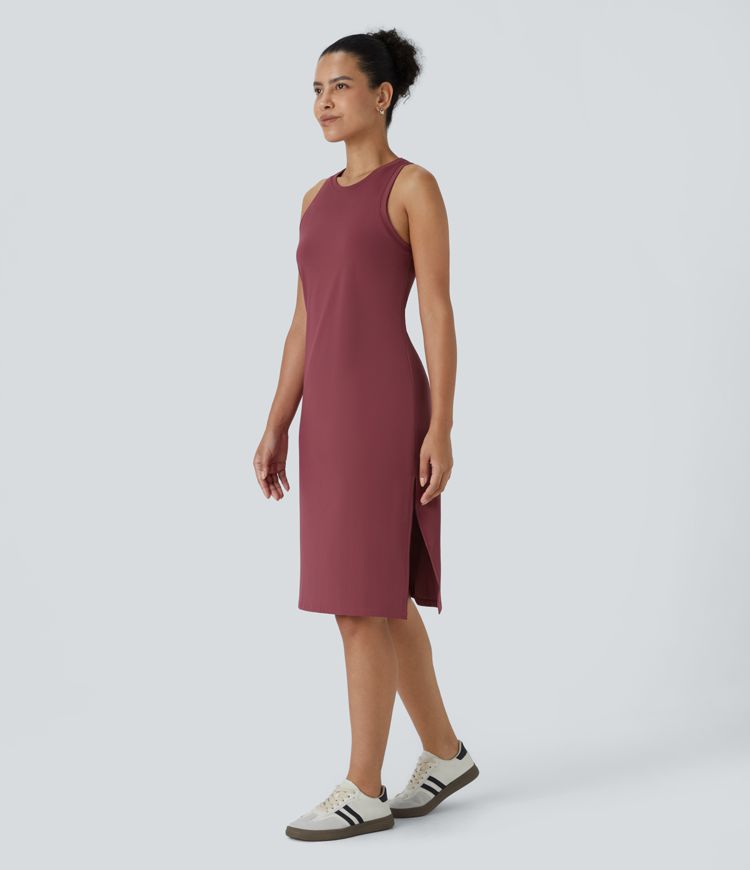 Softlyzero™ Airy Vestido a media pierna liso sin mangas con dobladillo dividido y cuello redondo