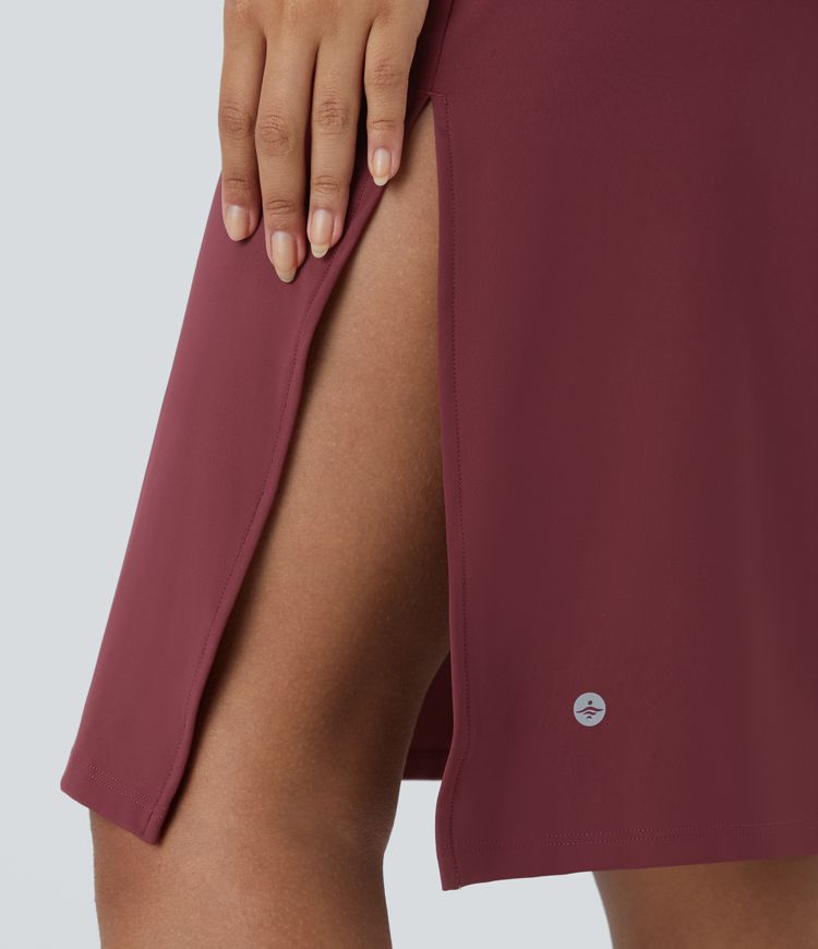 Softlyzero™ Airy Vestido a media pierna liso sin mangas con dobladillo dividido y cuello redondo