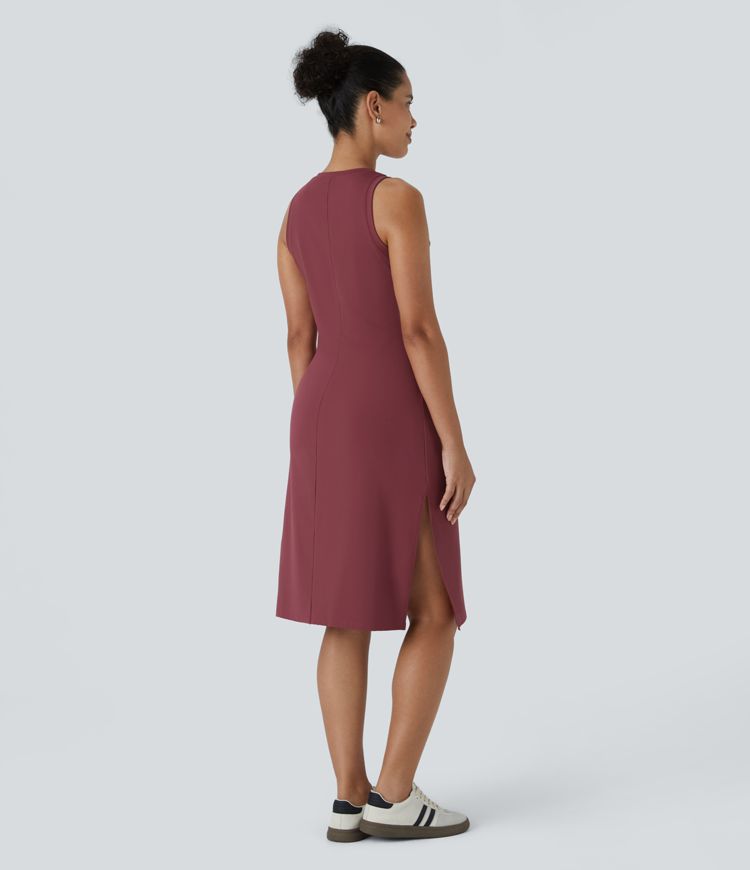 Softlyzero™ Airy Vestido a media pierna liso sin mangas con dobladillo dividido y cuello redondo