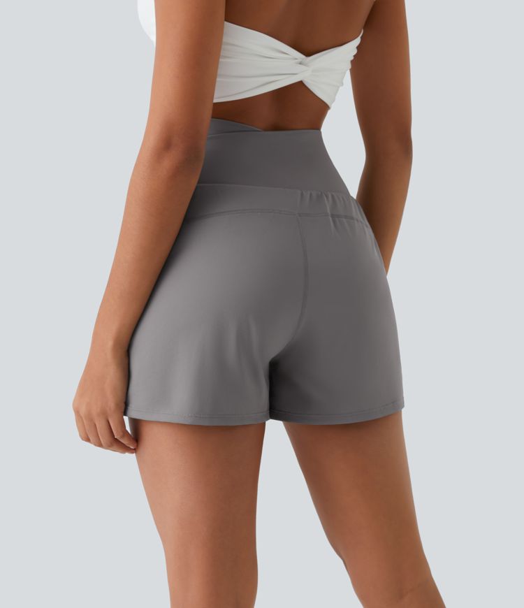 High Waisted Crossover Side Pocket 2-in-1 Casual Shorts