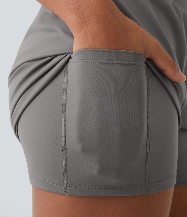 High Waisted Crossover Side Pocket 2-in-1 Casual Shorts