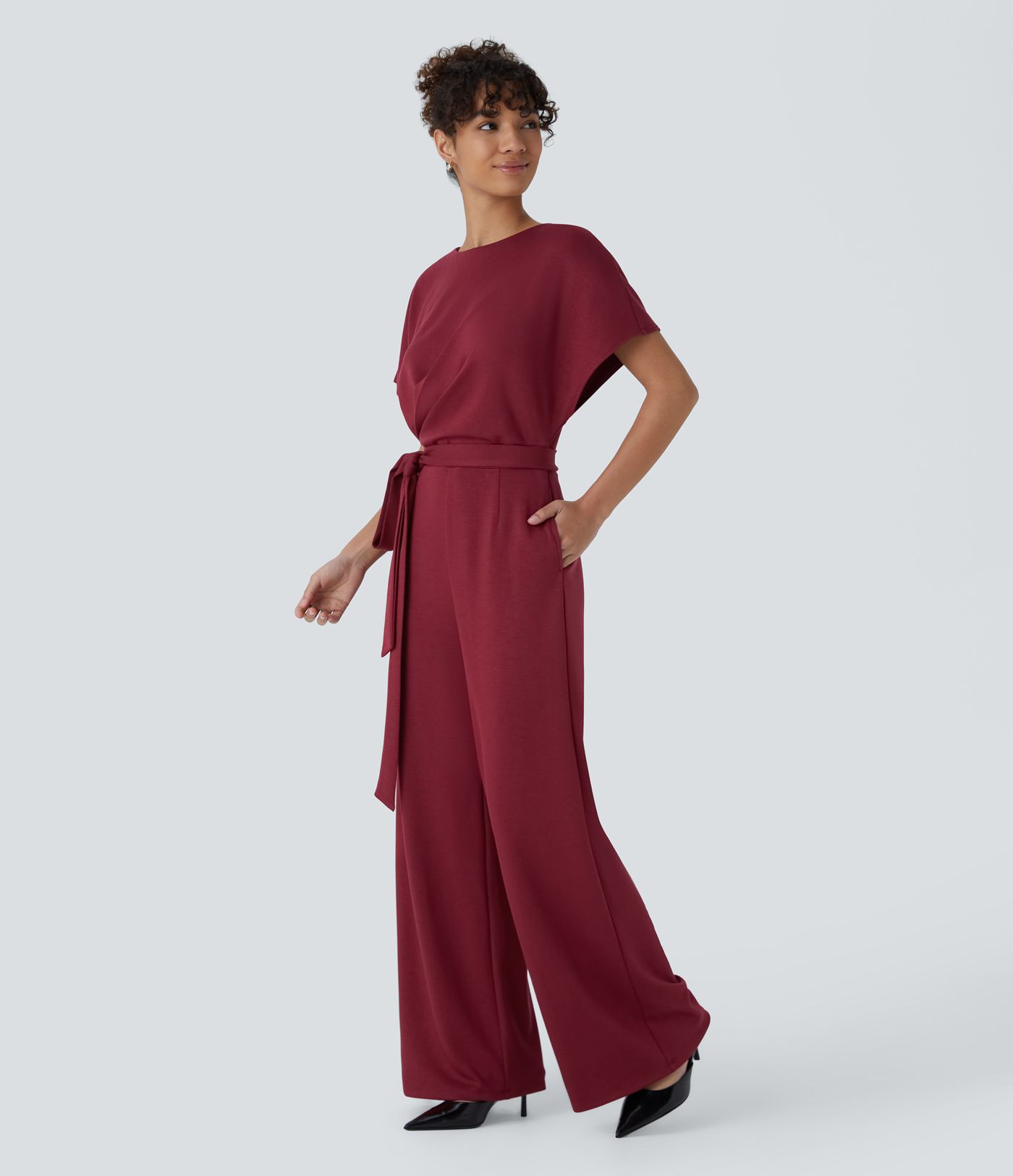 Short Sleeve Keyhole Back Tie Pocket Casual Jumpsuit