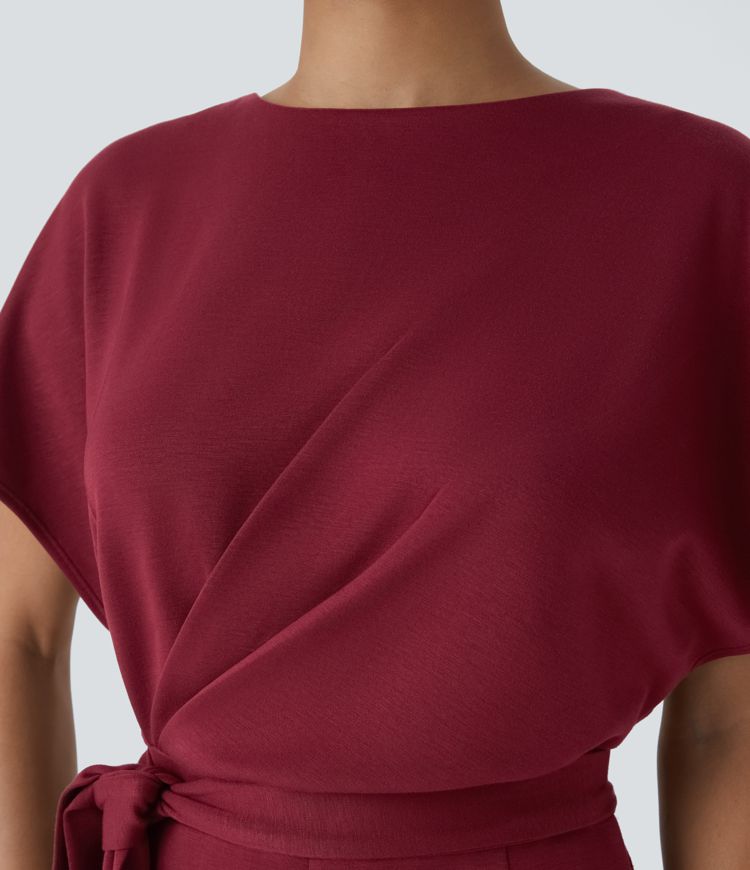 Short Sleeve Keyhole Back Tie Pocket Casual Jumpsuit