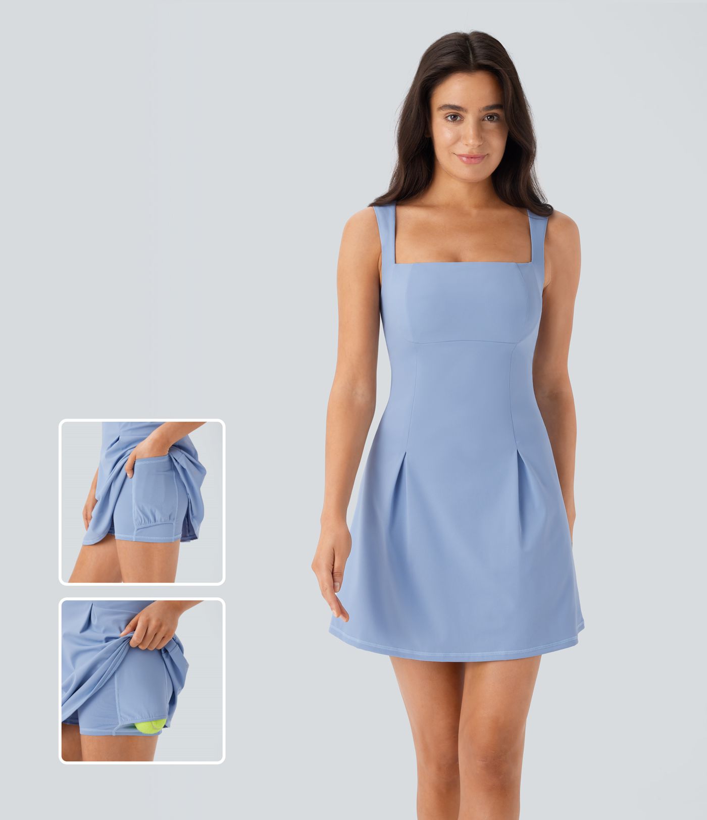 Softlyzero™ QuickDry Robe de padel et loisirs courte sans manches à col carré avec short intégré et poche latérale