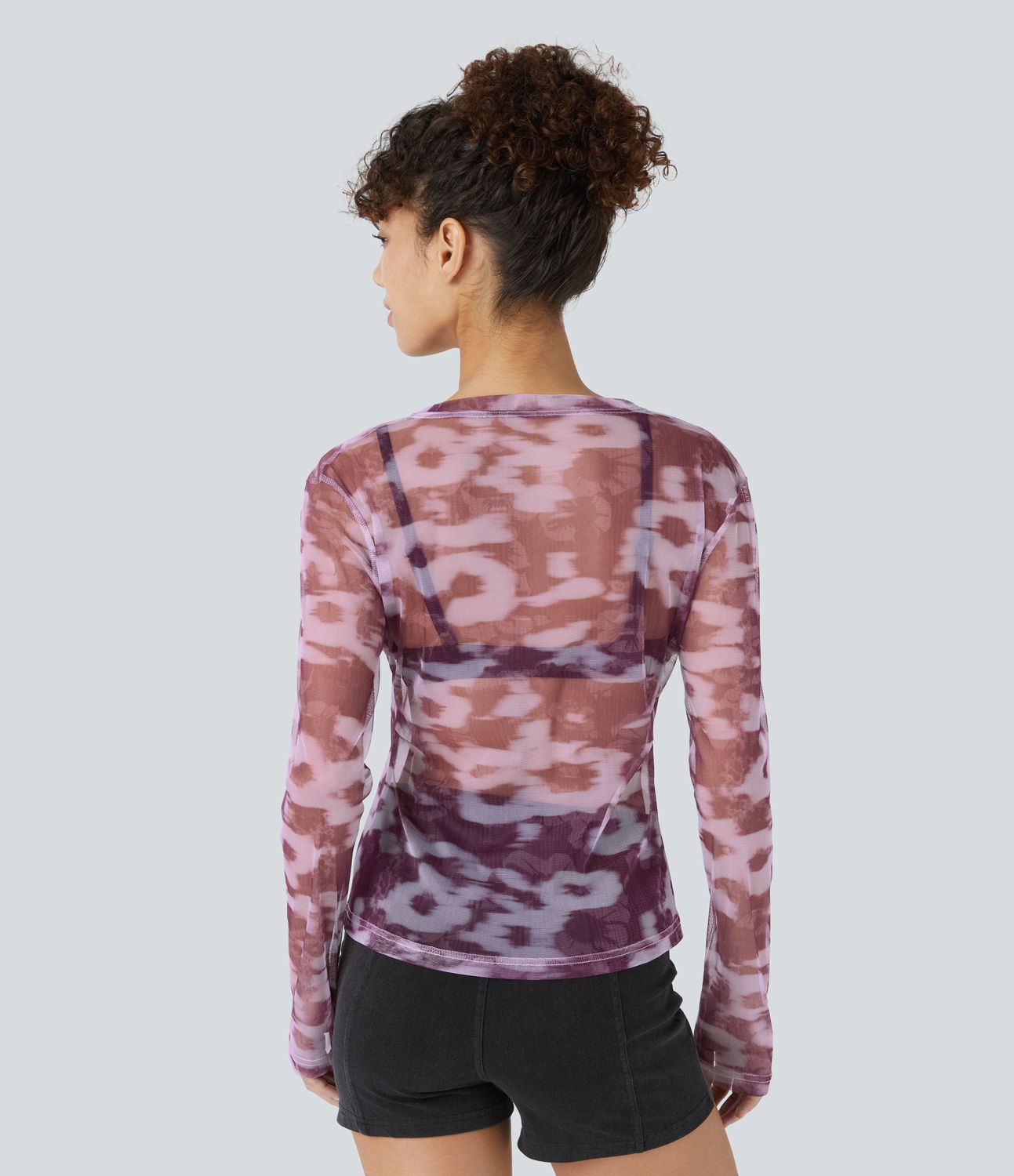 Round neck long sleeve flower print slim see-through mesh casual top