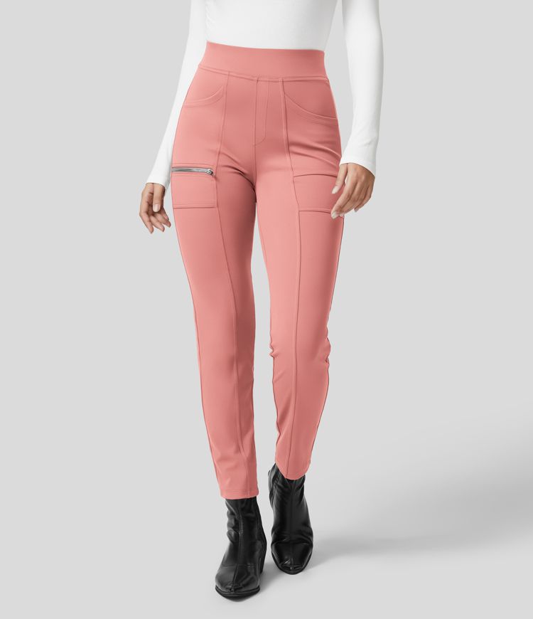 SculptKnit High Waisted Pockets Zipper Casual Slim Trousers