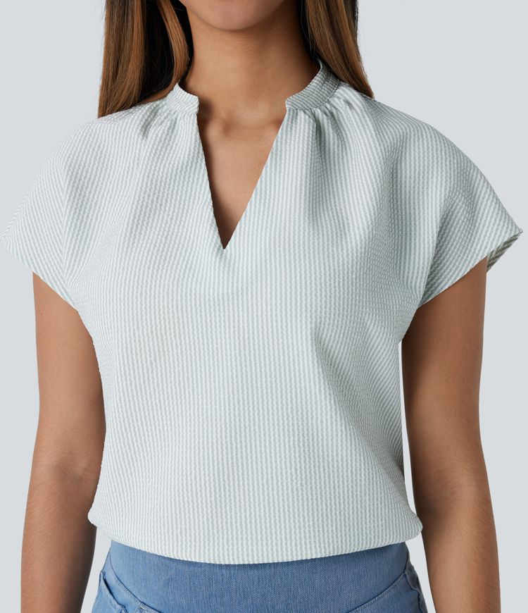 Blusa rayas dobladillo curvo manga corta cuello V