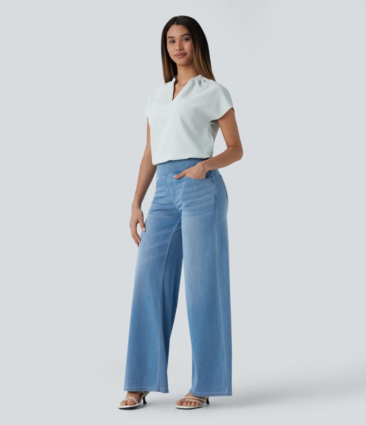 Blusa rayas dobladillo curvo manga corta cuello V