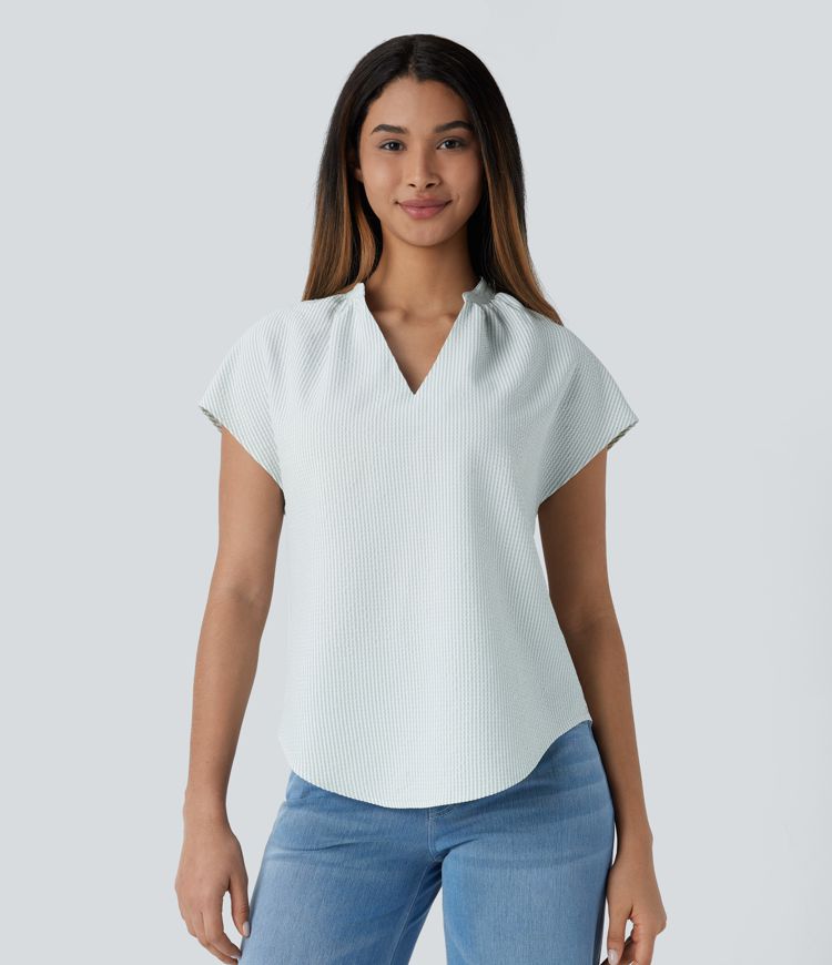 Blusa rayas dobladillo curvo manga corta cuello V