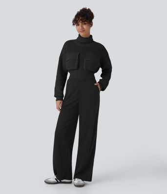 High Neck Dropped Shoulder Flap Pocket Cropped Casual Sweater