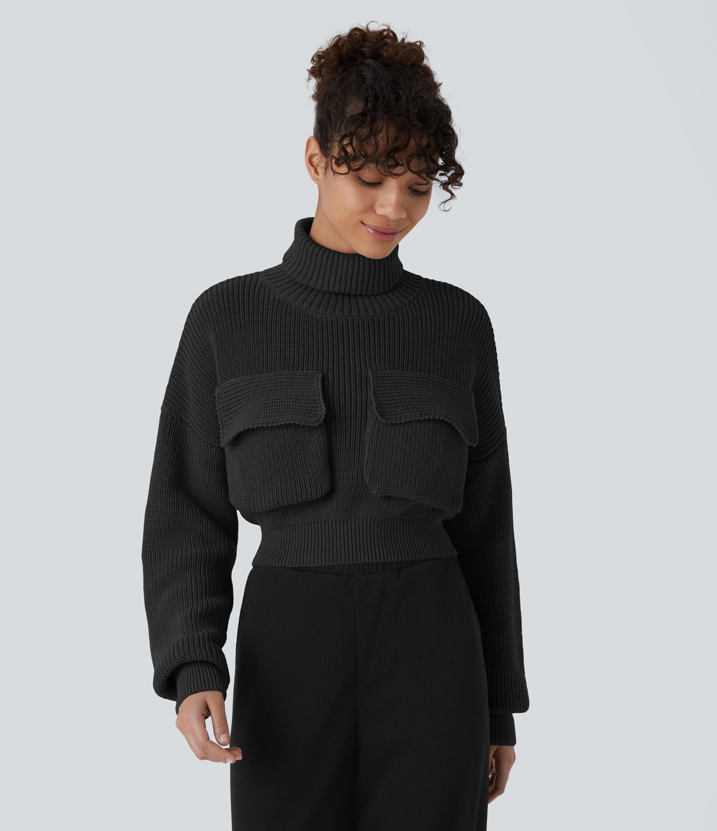 High Neck Dropped Shoulder Flap Pocket Cropped Casual Sweater