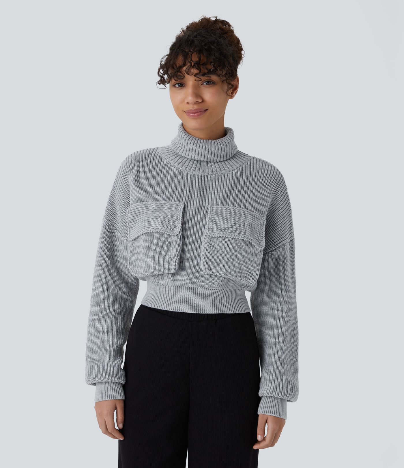 High Neck Dropped Shoulder Flap Pocket Cropped Casual Sweater