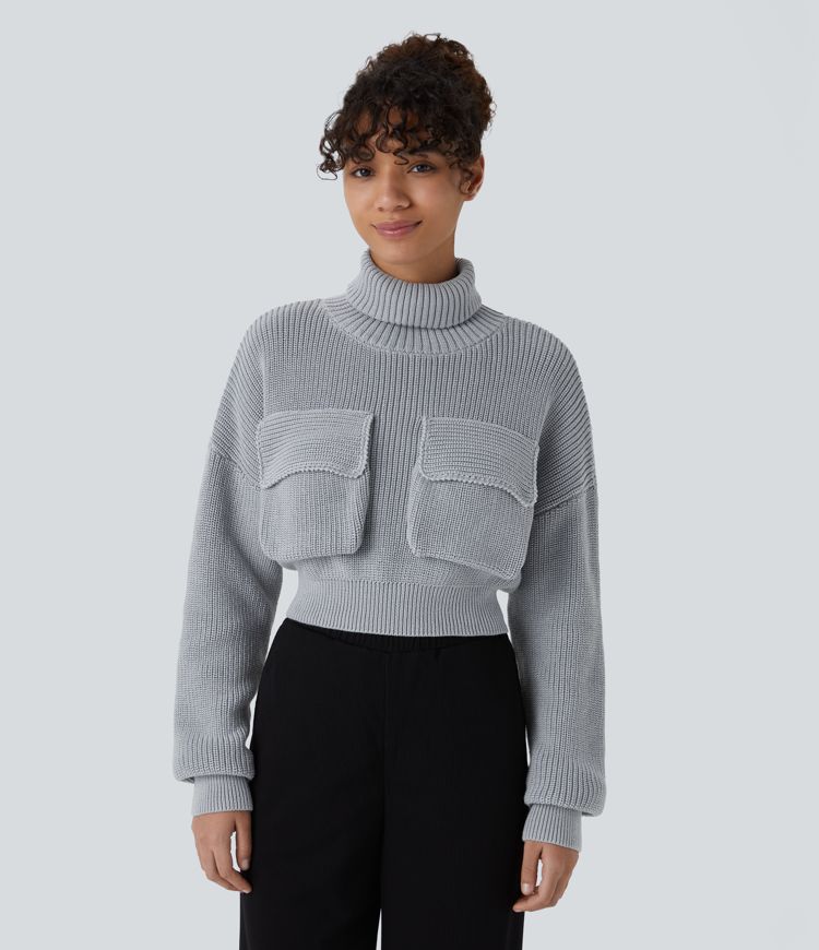 High Neck Dropped Shoulder Flap Pocket Cropped Casual Sweater