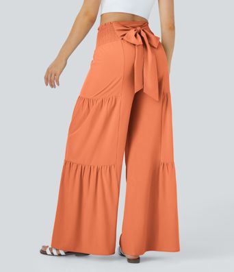 Breezeful™ High Waisted Shirred Tie Front & Back Wide Leg Flowy Quick Dry Casual Pants