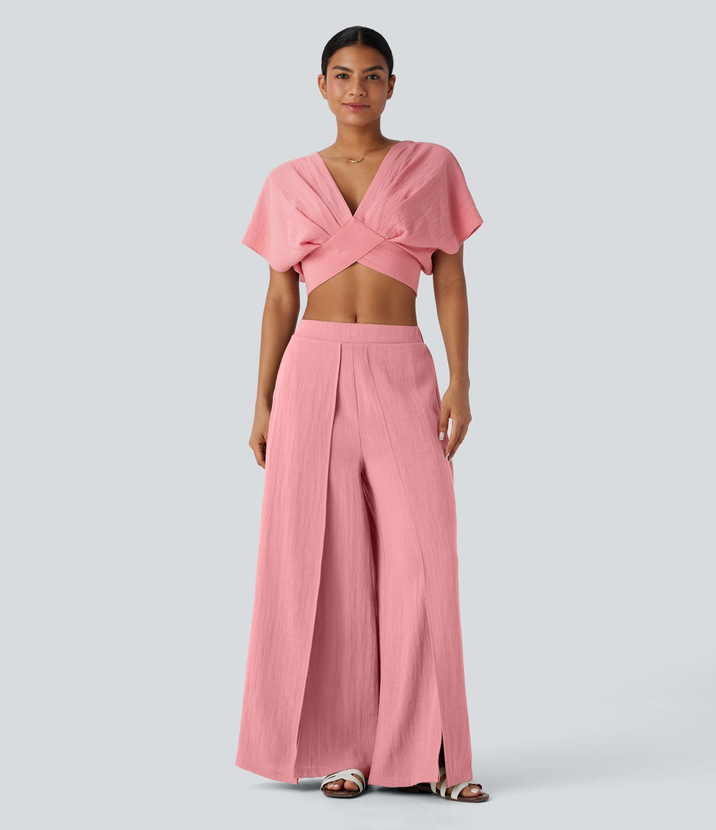 Top Court Aspect Lin à Col V, Manches Courtes, Dos Nu avec Attache et Ourlet Croisé