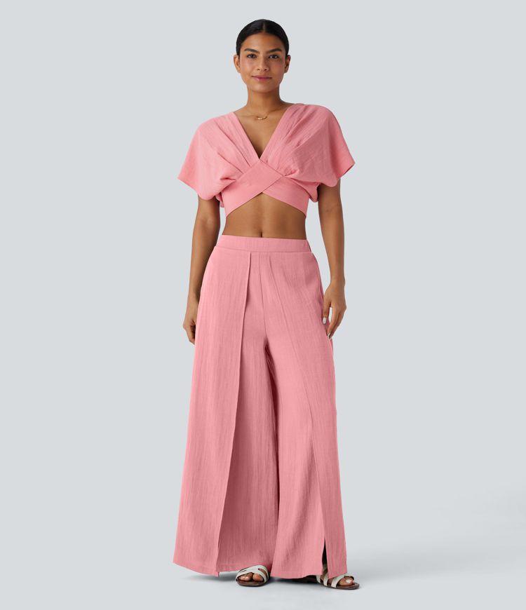 Top Court Aspect Lin à Col V, Manches Courtes, Dos Nu avec Attache et Ourlet Croisé