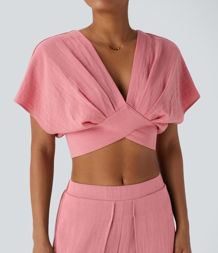 Top Court Aspect Lin à Col V, Manches Courtes, Dos Nu avec Attache et Ourlet Croisé