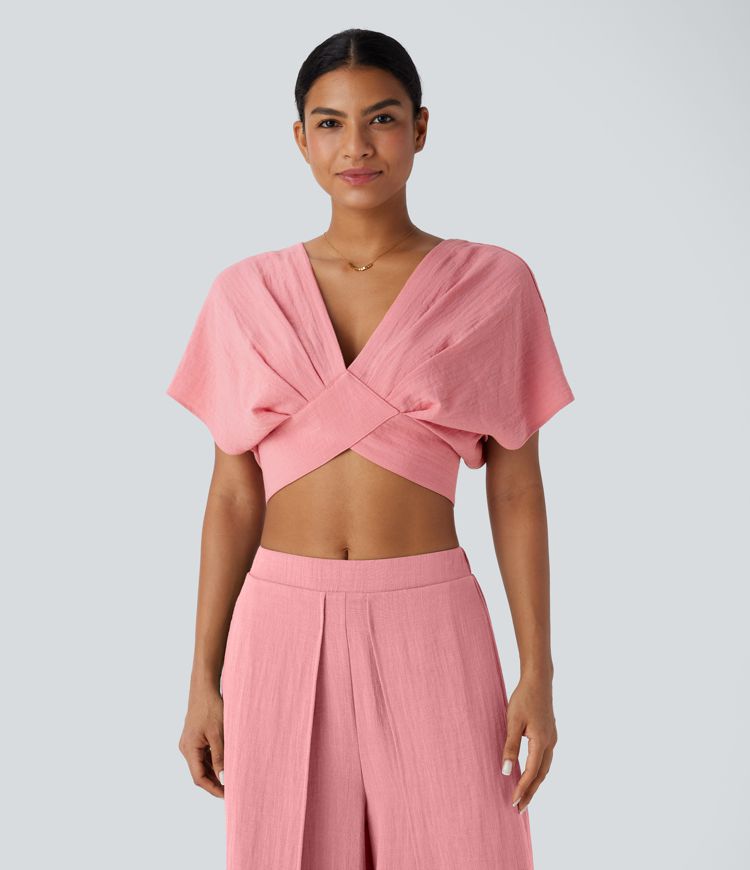 V Neck Short Sleeve Backless Tie Back Crossover Hem Cropped Resort Linen-Feel Top