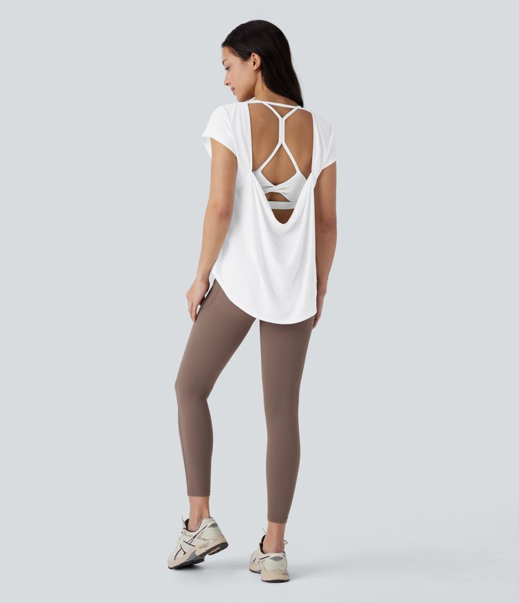 Top deportivo yoga dobladillo curvo manga corta sin espalda