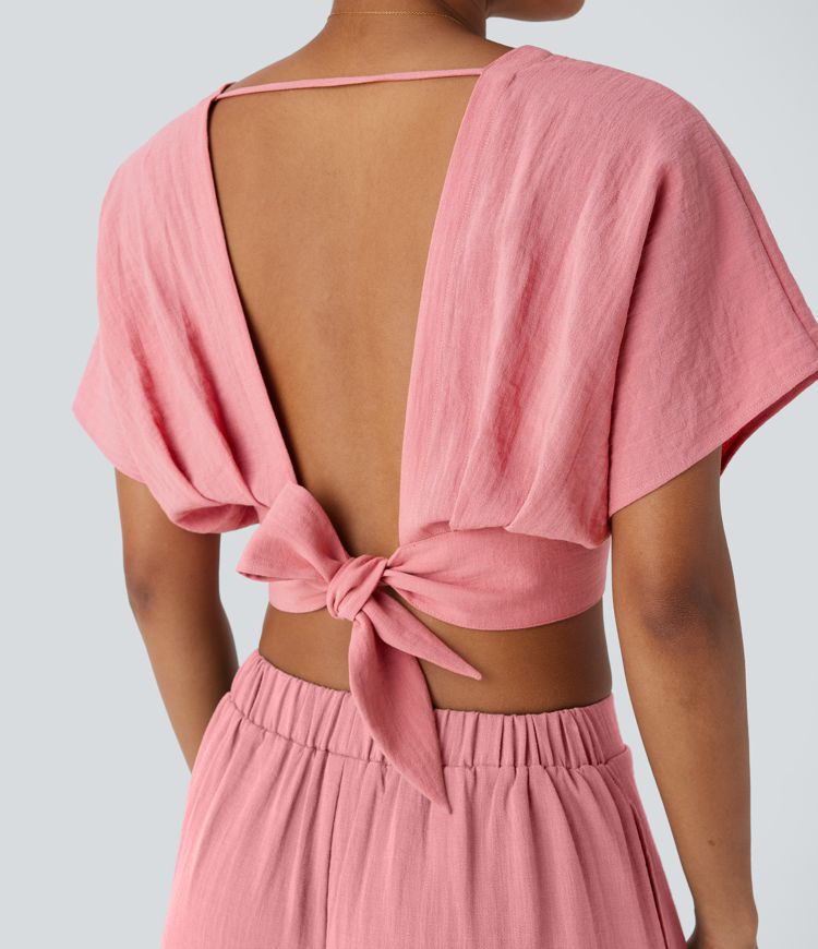 Top Court Aspect Lin à Col V, Manches Courtes, Dos Nu avec Attache et Ourlet Croisé