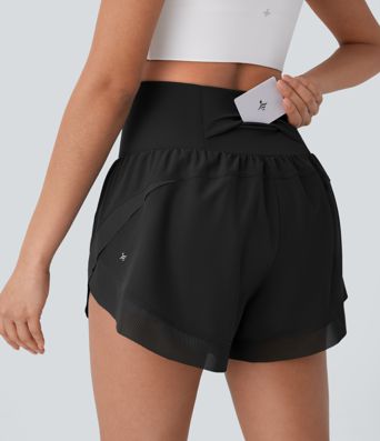 High Waisted Pocket 2-in-1 Contrast Mesh Curved Hem Running Shorts 3''