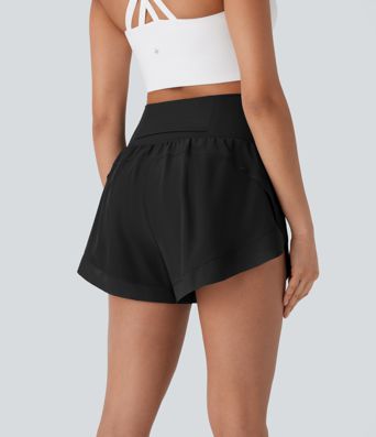 High Waisted Pocket 2-in-1 Contrast Mesh Curved Hem Running Shorts 3''