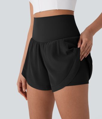High Waisted Pocket 2-in-1 Contrast Mesh Curved Hem Running Shorts 3''