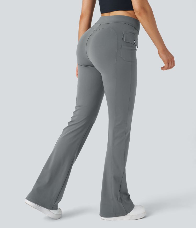 High Waisted Button Side Flap Pocket Flare Casual Cargo Trousers